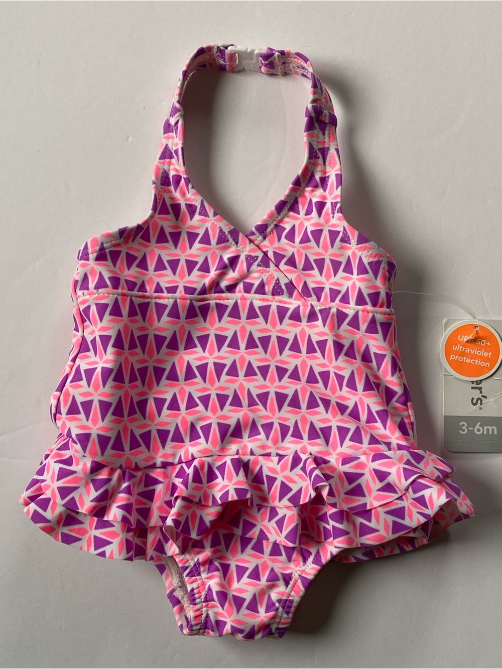 Girlโs Bathing Suit Size 3 6 Months NWT Pink Halter Geometric Purple One Piece